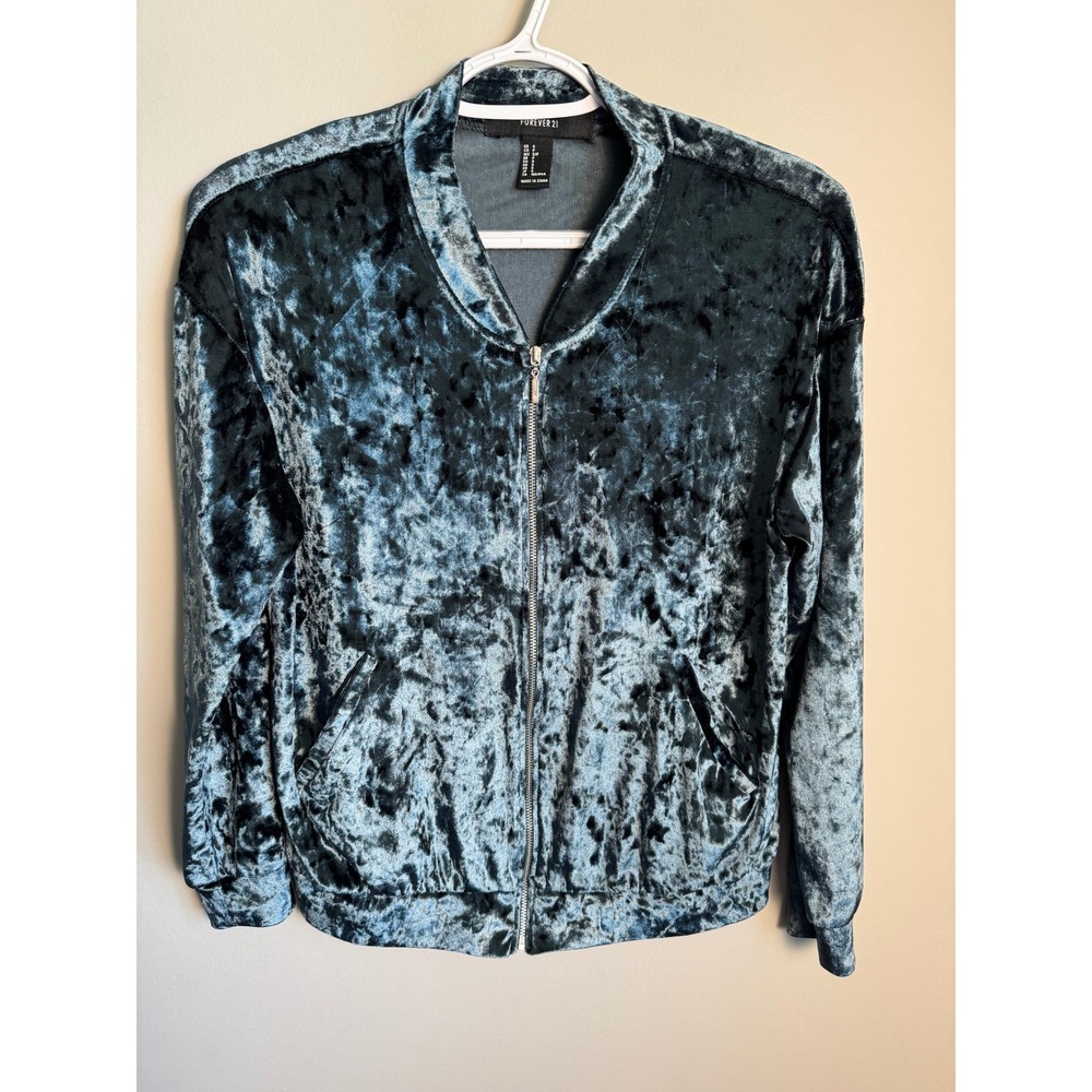 Forever 21 Womens Blue Crushed Velvet Bomber Jacket S Y2K Retro Glam Streetwear